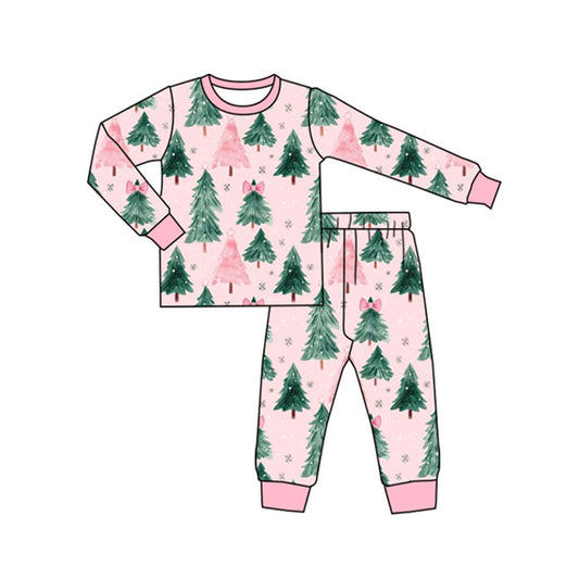 presale GLP2578 Baby Girls Pink Long Sleeves Bows Trees Plaid Top Pant Pajamas Set  D 7.8