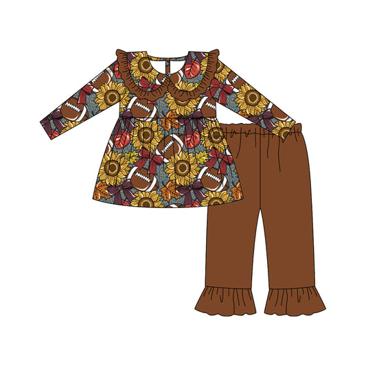 presale GLP2579 Baby Girls Long Sleeves Sunflowers Footballs Tunic Ruffle Pant Set D 7.8