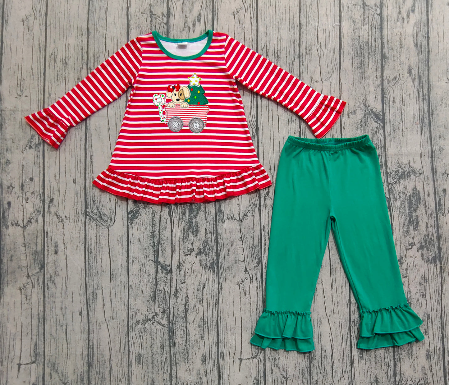 GLP2580 Baby Girls Long Sleeves Christmas Trees Dogs Trucks Tunic Ruffle Pant Set D 904