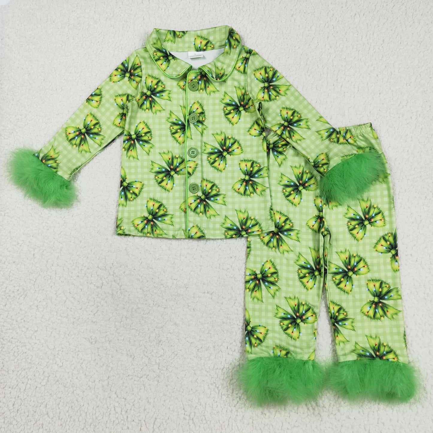 GLP2581  Baby Girls Green Plaid Fur Long Sleeves Bows Button Top Pant Pajamas Set