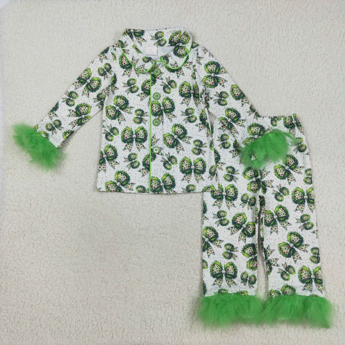 GLP2582 Baby Girls Fur Long Sleeves Polka Dots Bows Button Top Pant Pajamas Set