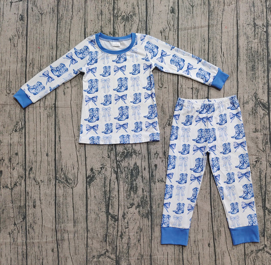 presale GLP2583  Baby Girls Long Sleeves Bows Boots Plaid Top Pant Pajamas Set  D 918