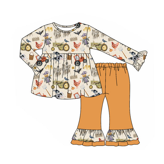 presale GLP2585 Baby Girls Long Ruffle Sleeves Trucks Chicks Farm Tunic Flare Pant Set   D 7.11