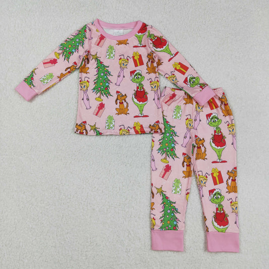 GLP2591  Baby Girls Long Sleeves Cartoon Face Trees Gifts Top Pants Pajamas Set