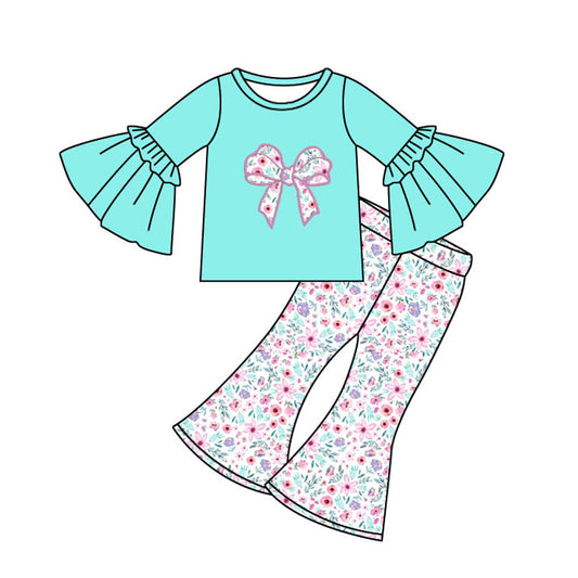 presale GLP2593  Baby Girls Bell Long Sleeves Floral Bows Top Flare Pant Set D 7.14