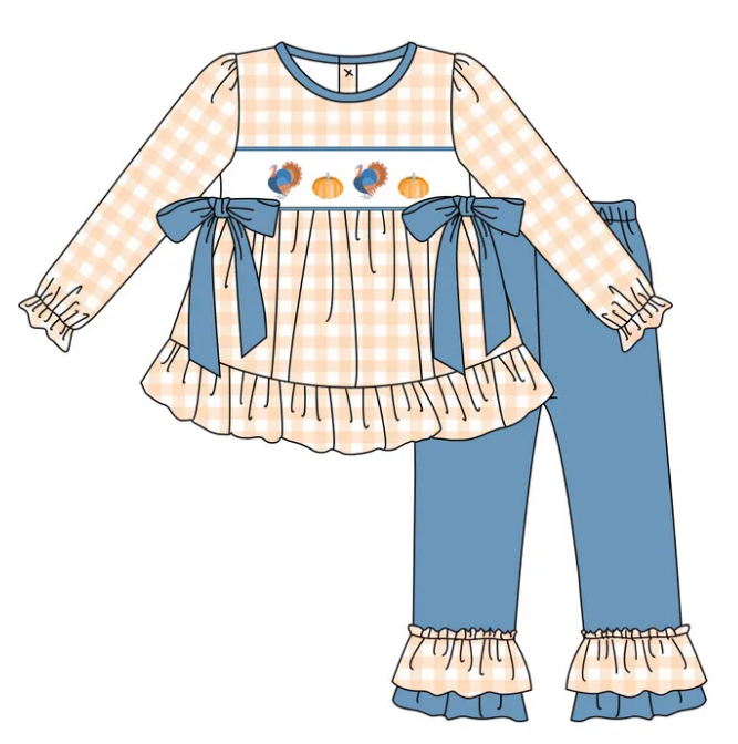 presale GLP2594  Baby Girls Long Ruffle Sleeves Turkey Pumpkins Bows Tunic Pant Set  D 7.15
