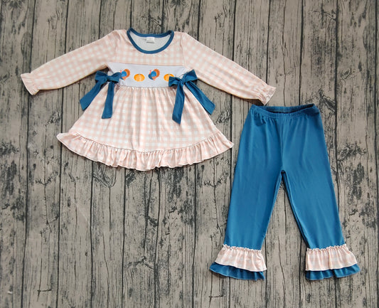 presale GLP2594  Baby Girls Long Ruffle Sleeves Turkey Pumpkins Bows Tunic Pant Set  D 7.15