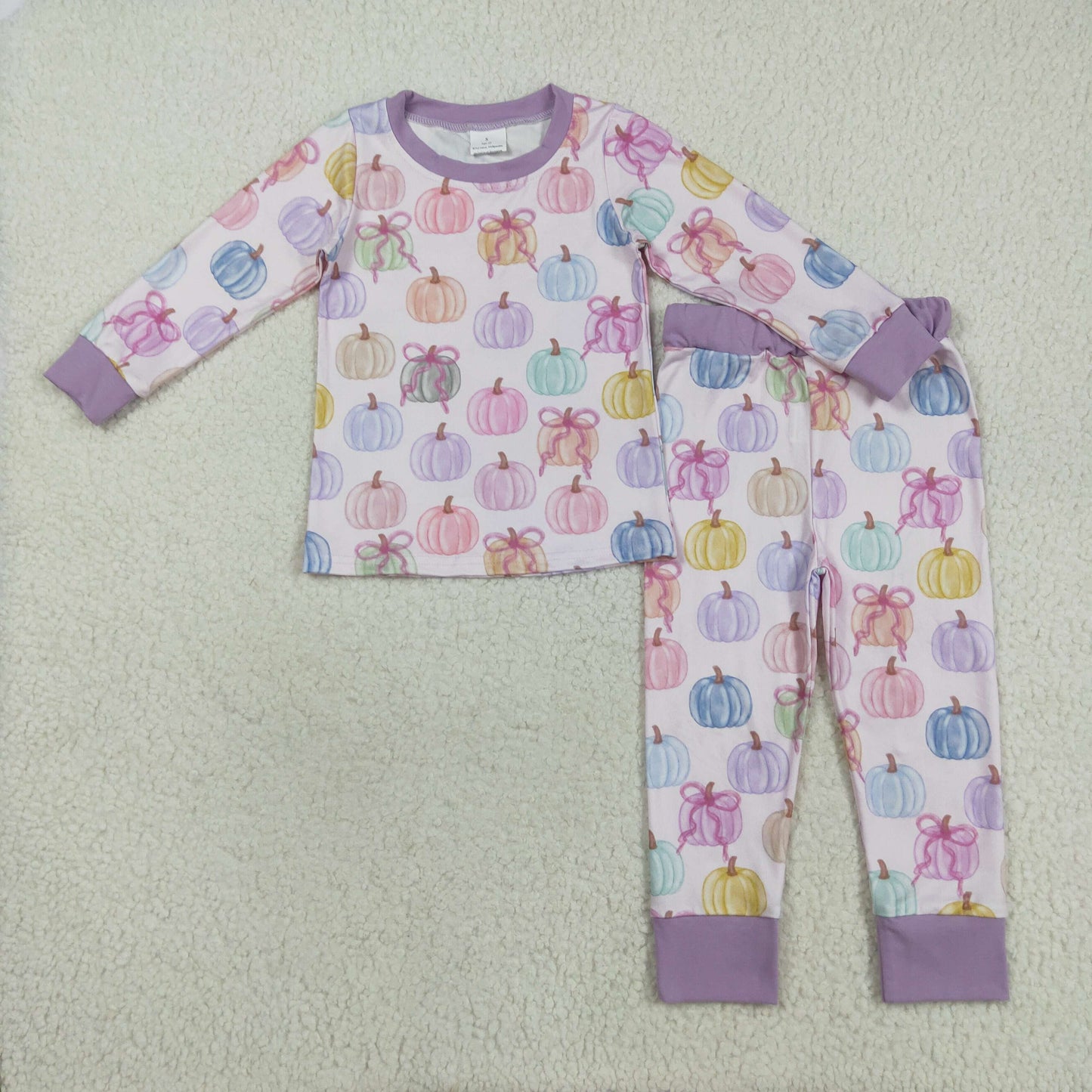 GLP2597  Baby Girls Long Sleeves Colorful Bows Pumpkins Top Pant Pajamas Set  D 7.15