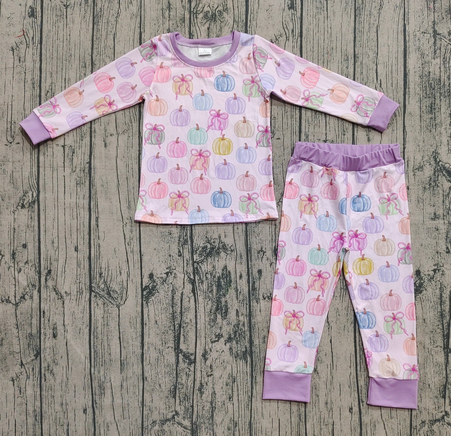 GLP2597  Baby Girls Long Sleeves Colorful Bows Pumpkins Top Pant Pajamas Set  D 7.15