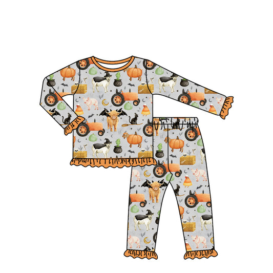 presale GLP2598 Baby Girls Long Ruffle Sleeves Bats Farm Pumpkins Top Pant Pajamas Set D 7.15