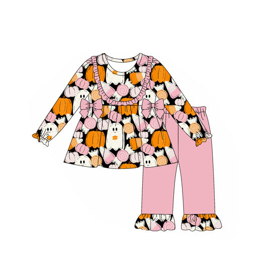 presale GLP2599 Baby Girls Long Ruffle Sleeves Ghost Pumpkins Tunic Pants Set D 7.15