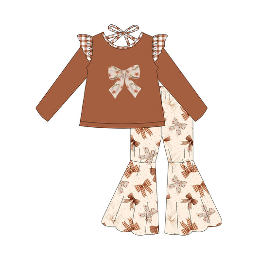 presale GLP2600  Baby Girls Long Sleeves Floral Bows Tunic Bell Bottom Pants Set D 7.15