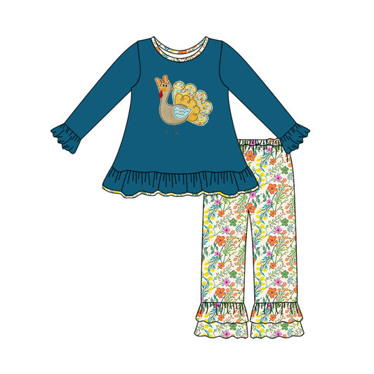 presale GLP2601 Baby Girls Long Sleeves Floral Turkey Tunic Ruffle Pants Set D 7.15