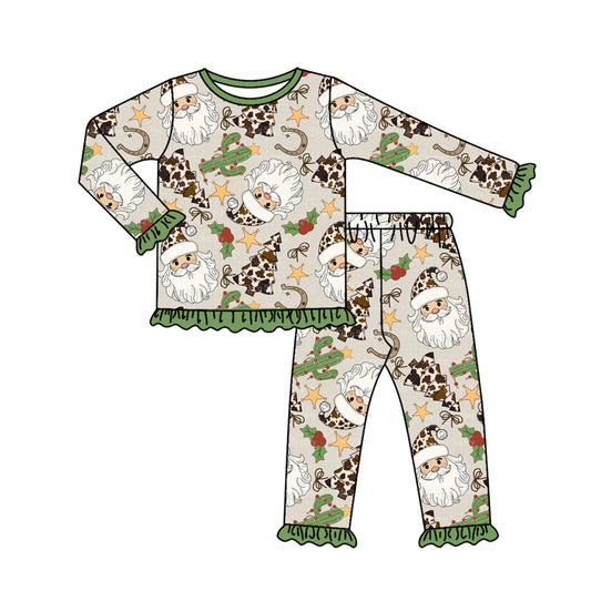presale GLP2603  Baby Girls Long Ruffle Sleeves Santa Cactus Plaid Top Pants Pajamas Set  D 7.16