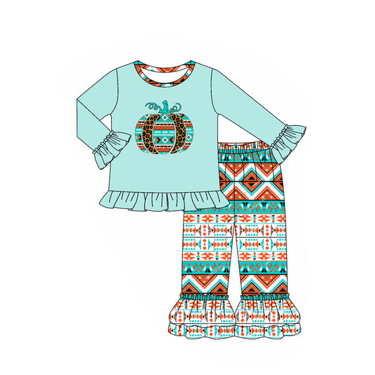 presale GLP2604 Baby Girls Light Blue Long Ruffle Sleeves Leopard Pumpkins Tunic Pant Set   D 7.16