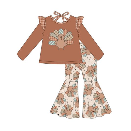 presale GLP2605 Baby Girls Khaki Long Sleeves Turkey Bows Top Bell Bottom Pant Set   D 7.16