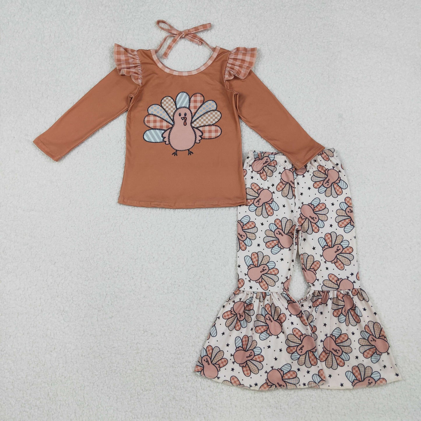 GLP2605 Baby Girls Khaki Long Sleeves Turkey Bows Top Bell Bottom Pant Set