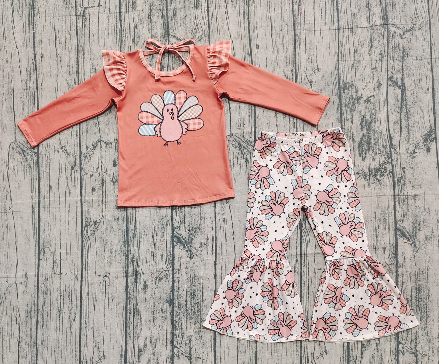 GLP2605 Baby Girls Khaki Long Sleeves Turkey Bows Top Bell Bottom Pant Set   D 925