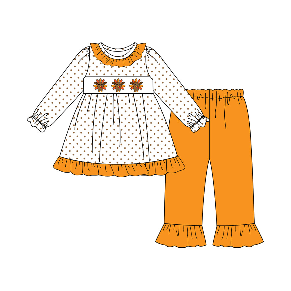 presale GLP2606 Baby Girls Long Ruffle Sleeves Turkey Polka Dots Tunic Pant Set    D 7.16