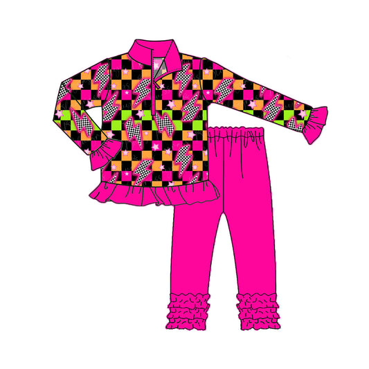 presale GLP2607 Baby Girls Long Ruffle Sleeves Lights Stars Plaid Zipper Top Legging Pant Set D 7.16
