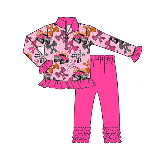 presale GLP2608 Baby Girls Long Ruffle Sleeves Bows Cars Plaid Zipper Top Legging Pant Set D 7.16