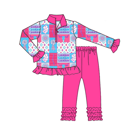 presale GLP2609 Baby Girls Long Ruffle Sleeves Aztec Bull Skull Zipper Top Legging Pant Set D 7.16