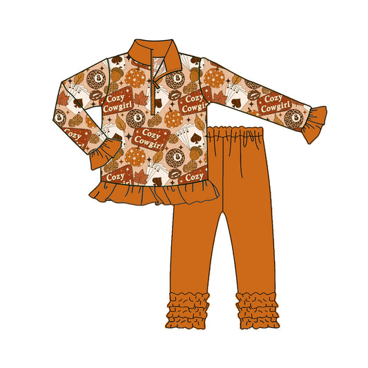 presale GLP2610 Baby Girls Long Ruffle Sleeves Cozy Cowgirl Pumpkins Zipper Top Legging Pant Set  D 7.16