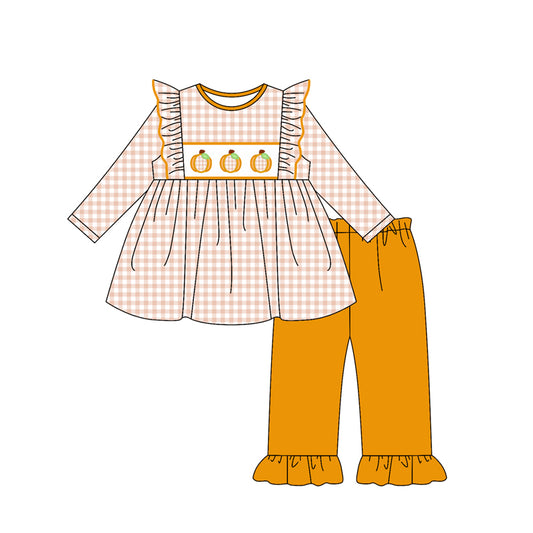 presale GLP2611 Baby Girls Long Sleeves Plaid Pumpkins Tunic Ruffle Pant Set D 7.16
