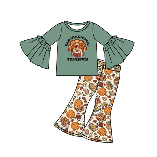 presale GLP2612 Baby Girls Bell Sleeves Turkey Footballs Top Bell Bottom Pant Set   D 7.16