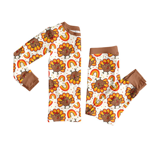 presale GLP2613 Baby Girls Long Sleeves Turkey Rainbows Top Pant Pajamas Set D 7.16