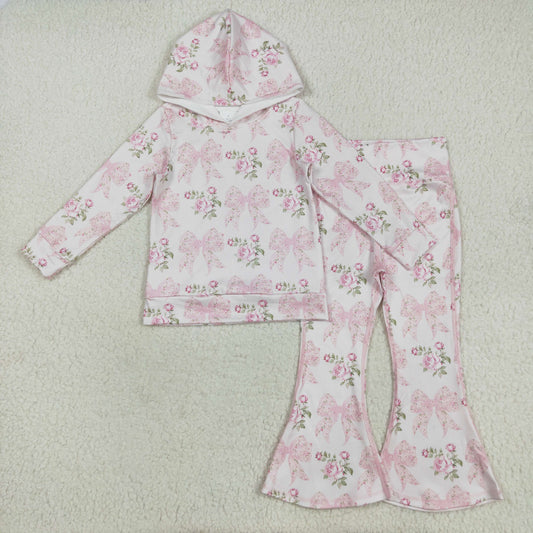 GLP2614 Baby Girls Pink Bows Floral Hooded Top Bell Pants Clothes Sets D 1020