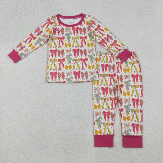 GLP2615  Baby Girls Long Sleeves Pink Bows Stars Plaid Top Pant Pajamas Set D 822