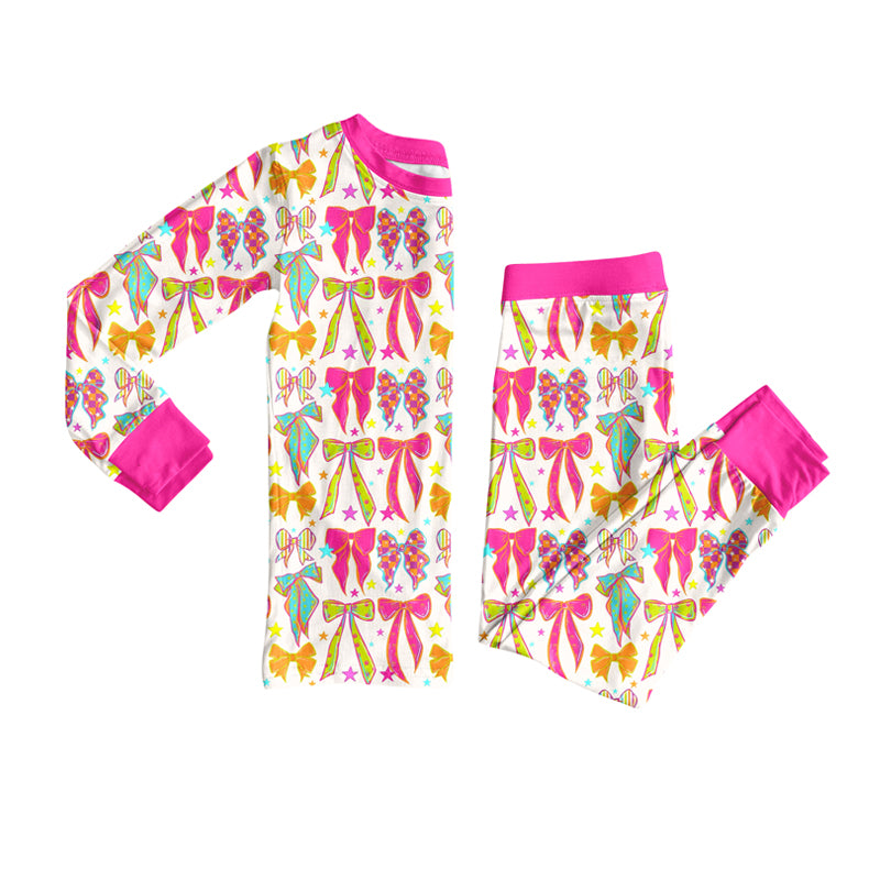 GLP2615  Baby Girls Long Sleeves Pink Bows Stars Plaid Top Pant Pajamas Set D 822