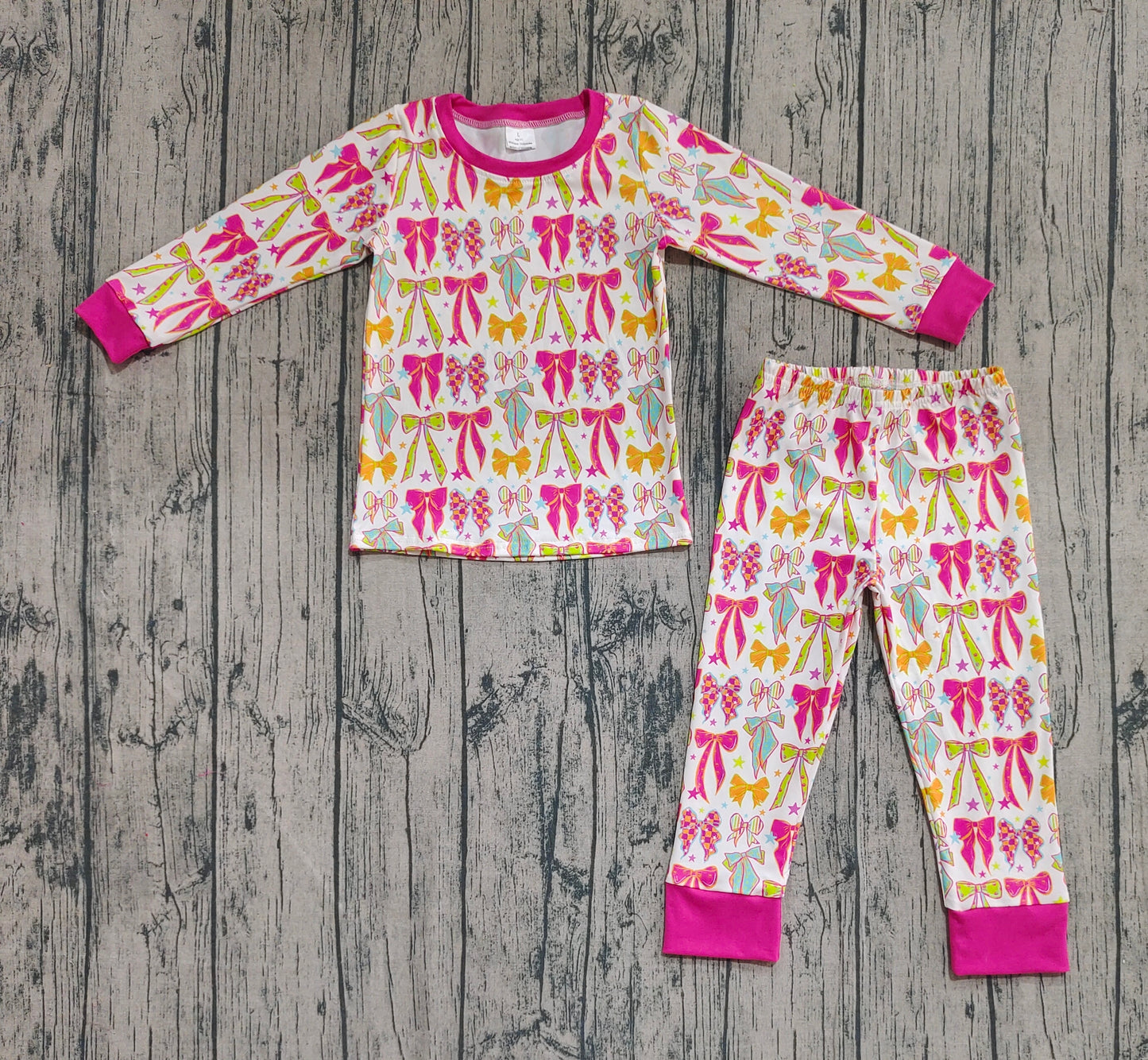 GLP2615  Baby Girls Long Sleeves Pink Bows Stars Plaid Top Pant Pajamas Set D 822