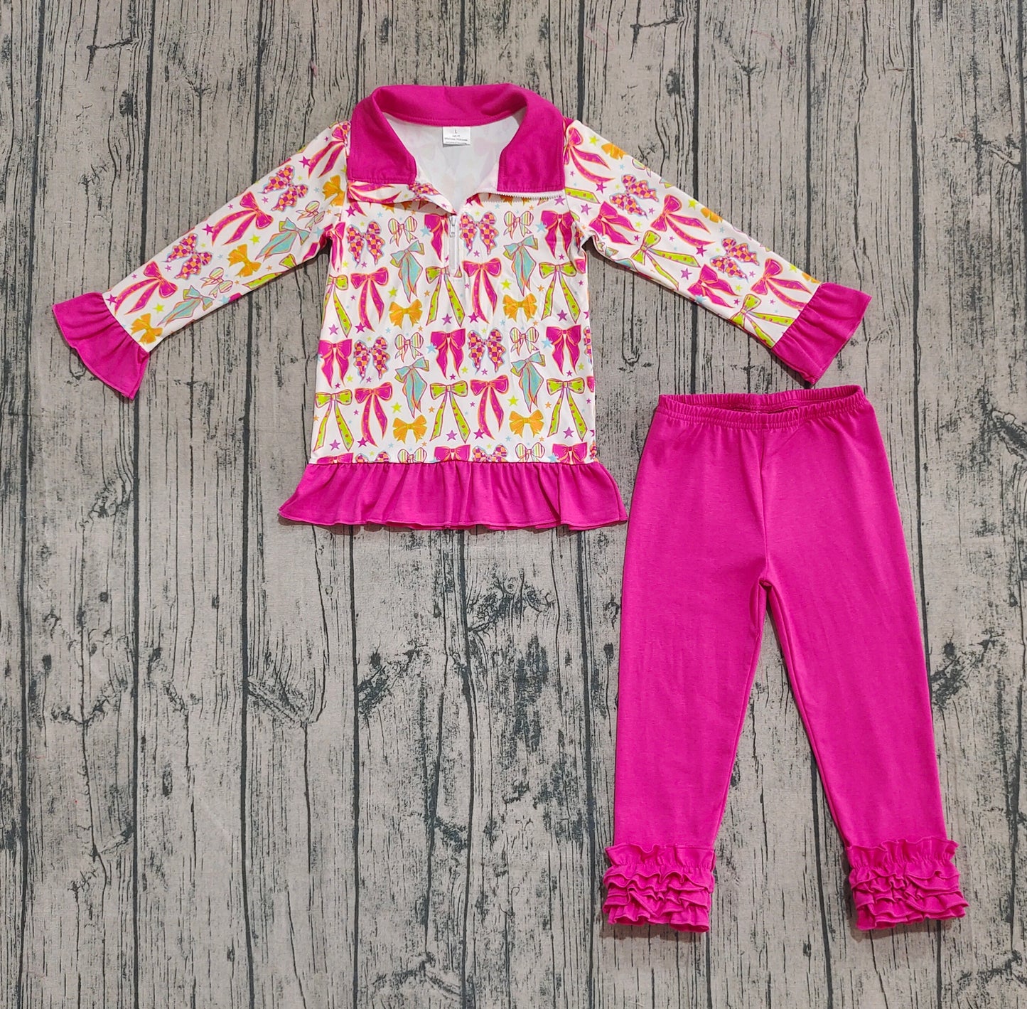 GLP2616 Baby Girls Long Ruffle Sleeves Pink Bows Stars Zipper Top Legging Pants Set D 822