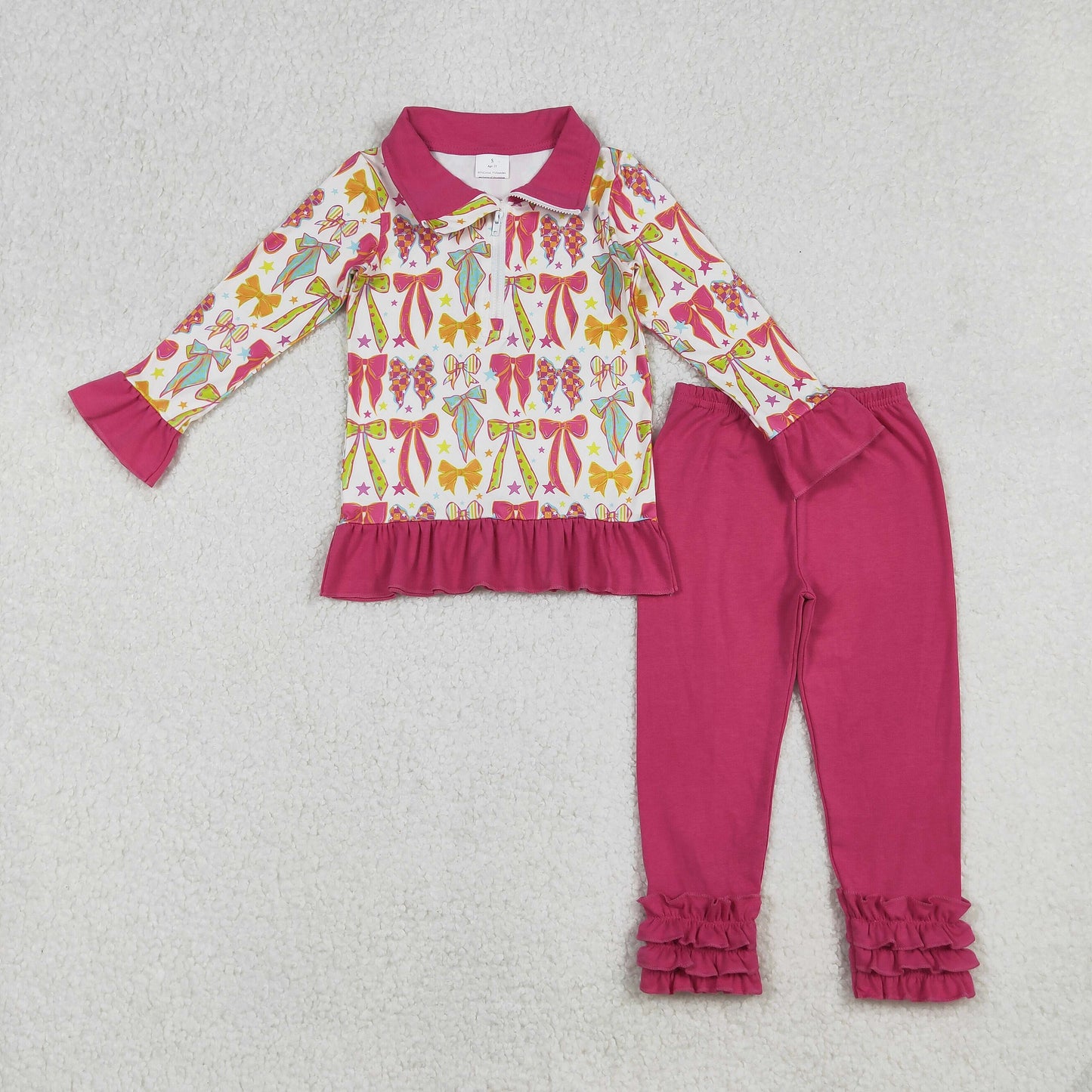 GLP2616 Baby Girls Long Ruffle Sleeves Pink Bows Stars Zipper Top Legging Pants Set D 822