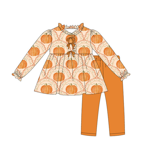 presale GLP2617 Baby Girls Long Ruffle Sleeves Pumpkins Plaid Tunic Legging Pants Set D 7.17