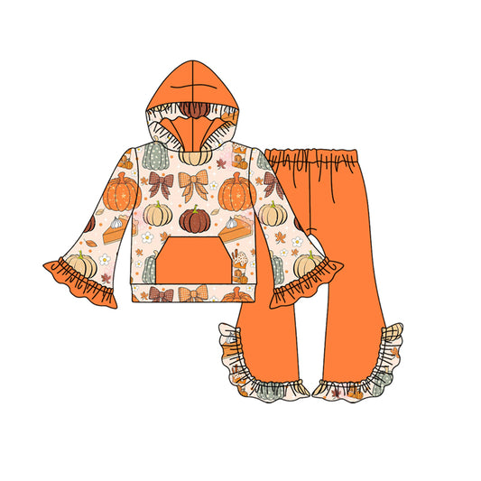 presale GLP2618 Baby Girls Long Sleeves Pumpkins Bows Plaid Tunic Bell Bottom Pants Set D 7.17