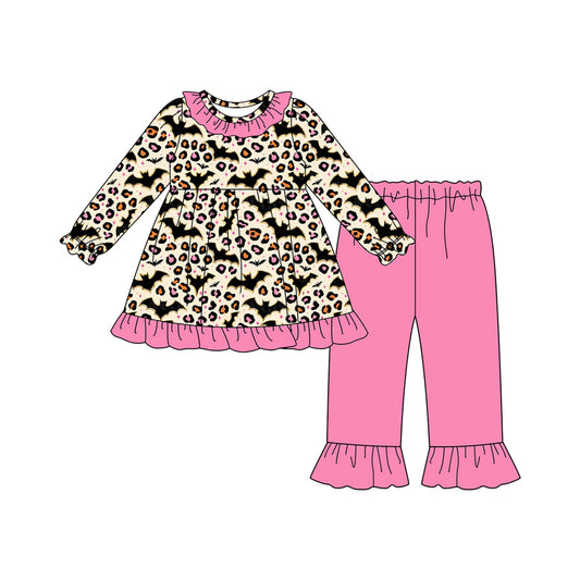 presale GLP2621 Baby Girls Long Sleeves Leopard Bats Plaid Tunic Ruffle Pants Set D 7.17