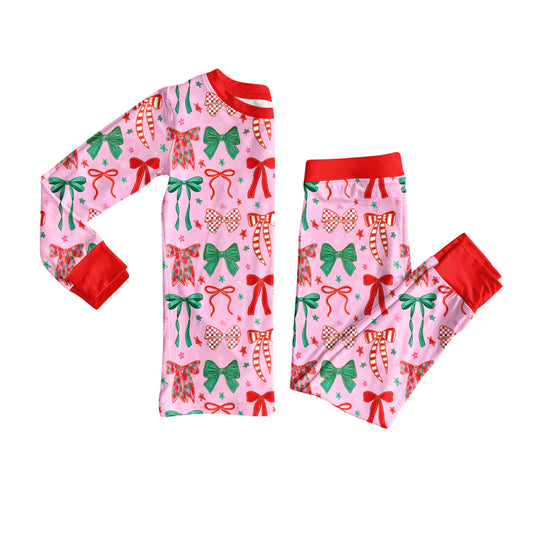 presale GLP2624  Baby Girls Long Sleeves Green Red Bows Plaid Top Pants Pajamas Set   D 7.17