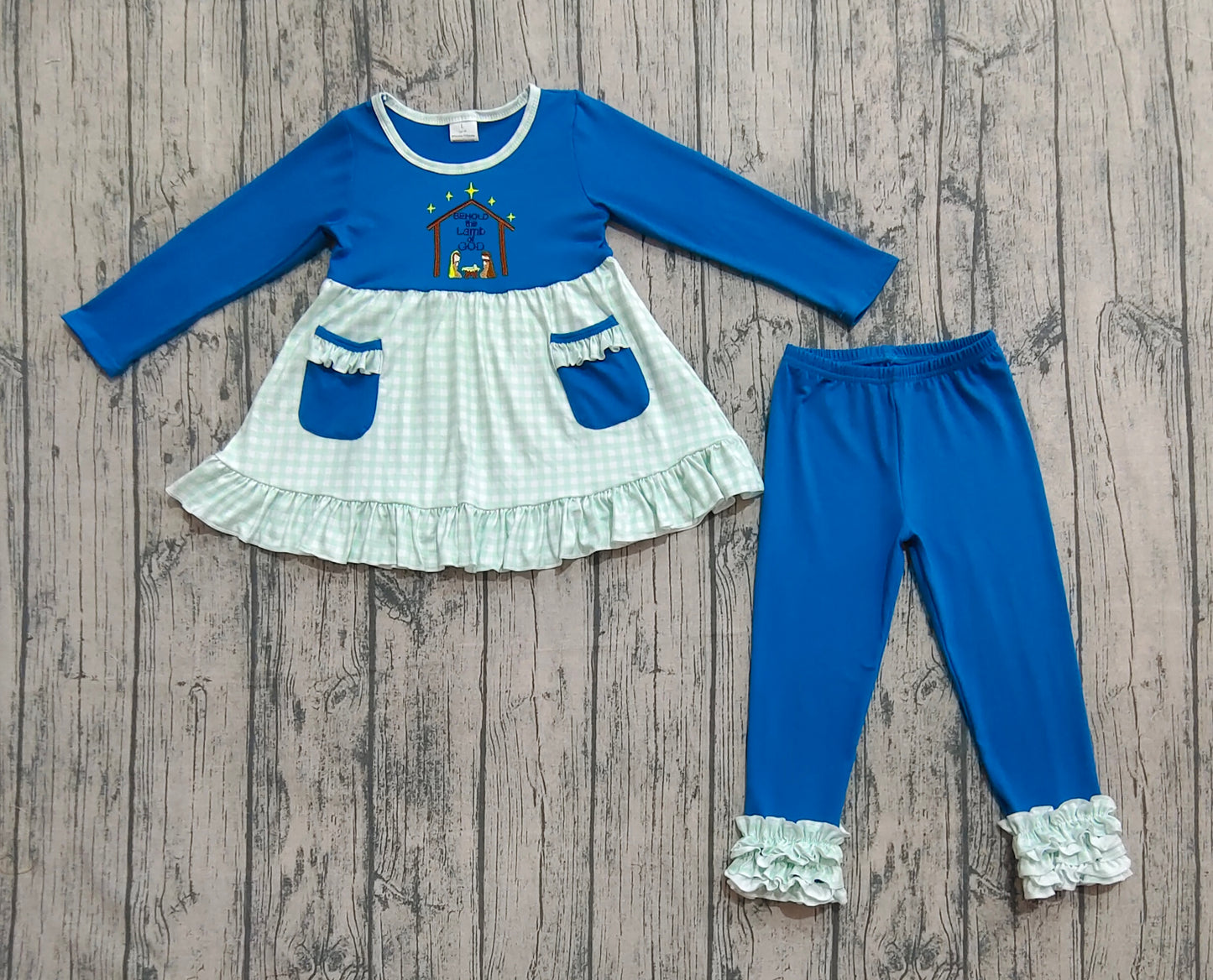 GLP2625 Embroidery Baby Girls Christmas Nativity Pockets Tunic Ruffle Pants Christmas Sets  D 908