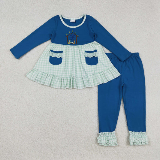 GLP2625 Embroidery Baby Girls Christmas Nativity Pockets Tunic Ruffle Pants Christmas Sets D 908