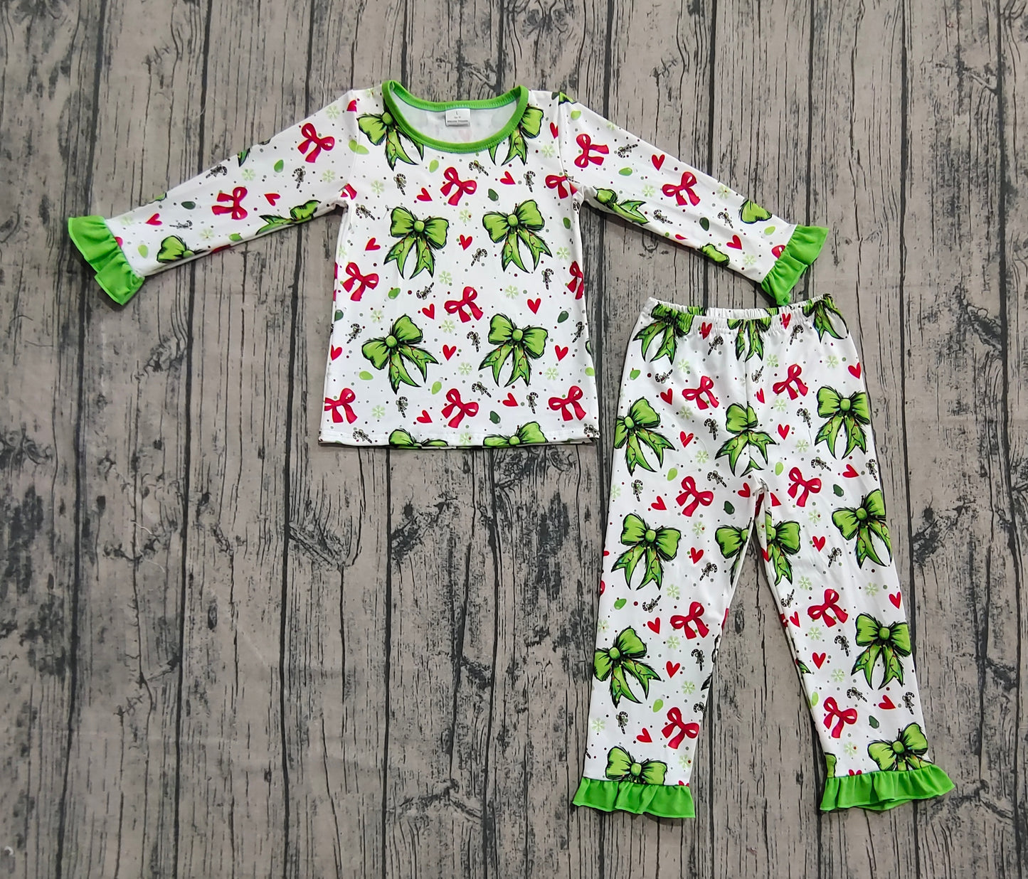 GLP2628  Baby Girls Christmas Green Red Bows Hearts Top Pant Pajamas Sets  D 7.19