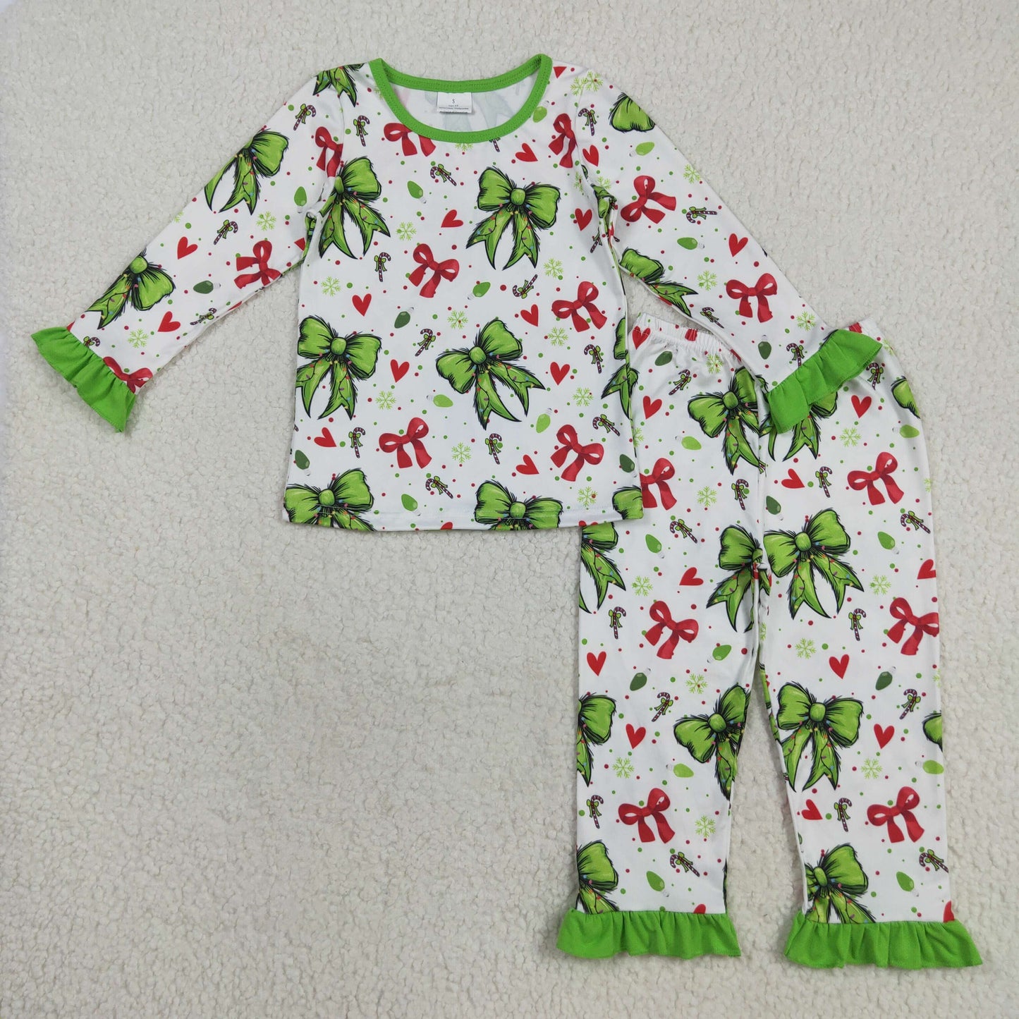 GLP2628  Baby Girls Christmas Green Red Bows Hearts Top Pant Pajamas Sets