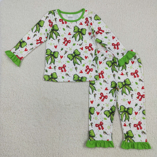 GLP2628  Baby Girls Christmas Green Red Bows Hearts Top Pant Pajamas Sets