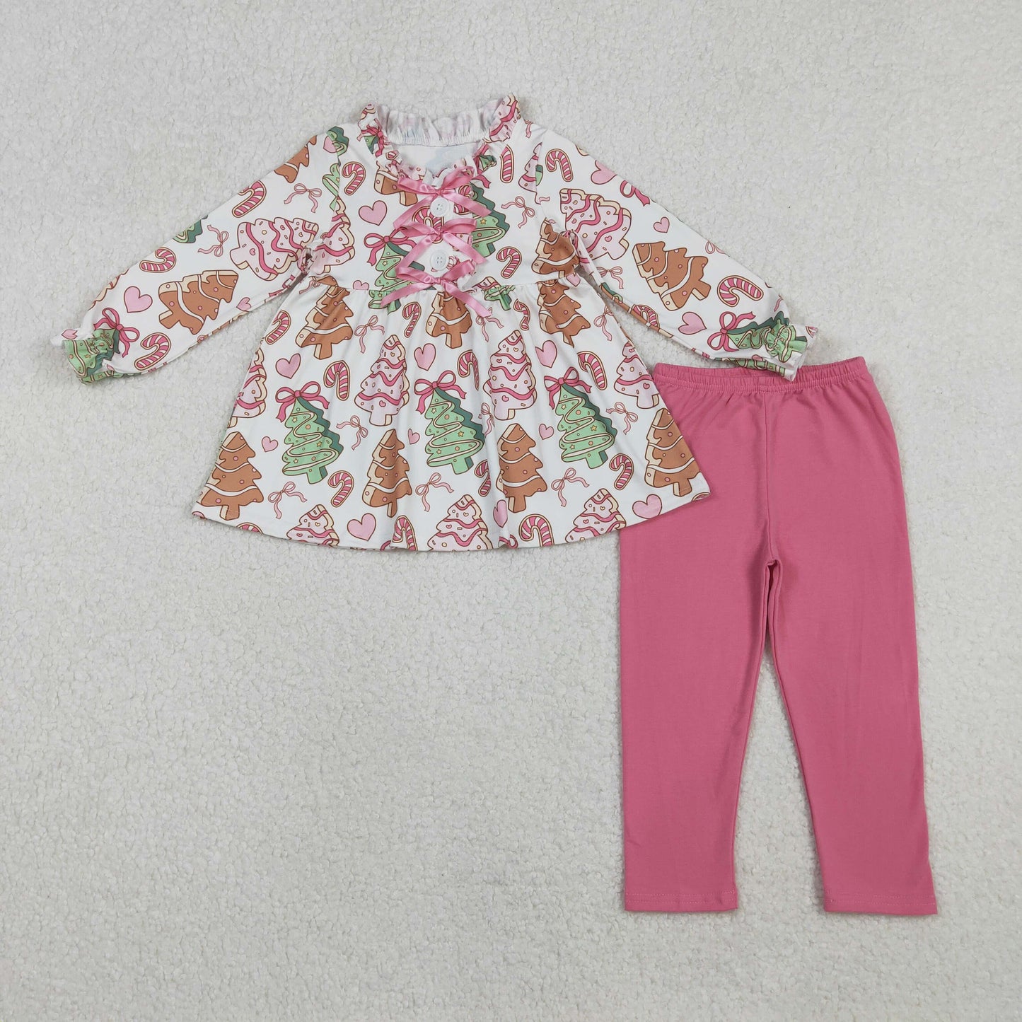 GLP2629  White long-sleeved pink trouser suit with Christmas tree, heart, candy cane and bow pattern