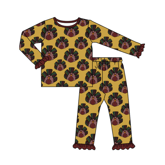 presale GLP2630 Baby Girls Long Sleeves Turkey Plaid Top Ruffle Pants Pajamas Set D 7.18