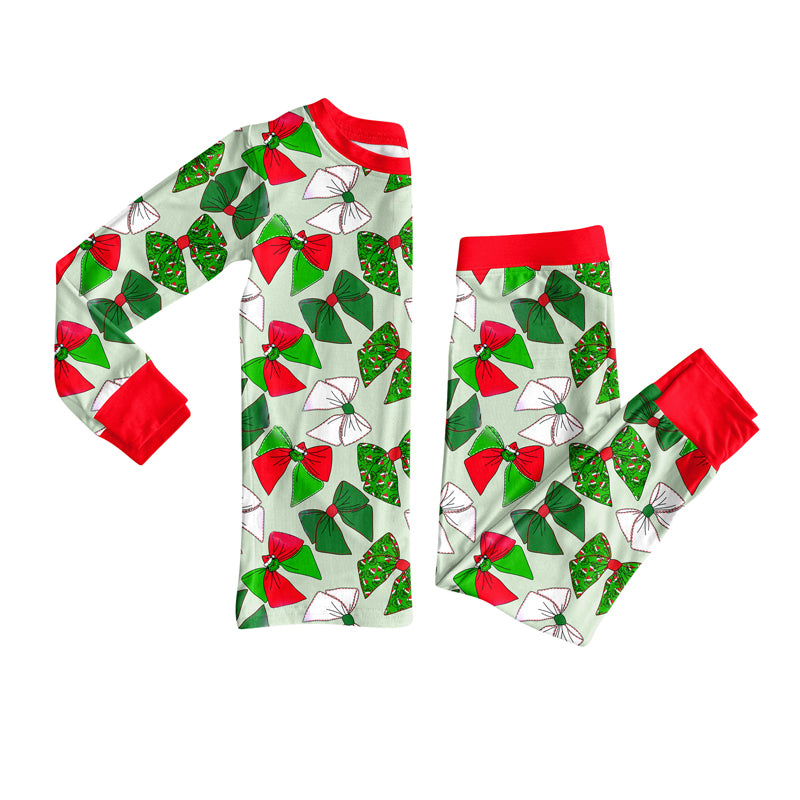 presale GLP2631 Baby Girls Long Sleeves Green Red Bows Plaid Top Pants Pajamas Set  D 7.18