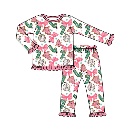 presale GLP2632 Baby Girls Long Ruffle Sleeves Christmas Trees Candy Cane Top Pants Pajamas Set D 7.18