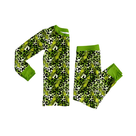 presale  GLP2634 Baby Girls Green Long Sleeves Leopard Green Faces Top Pants Pajamas Set  D 7.18